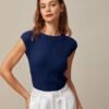 The Blue Boat Neck Ribbed Cap Sleeve Knit Tee