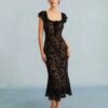 Black Textured Ruffle Mermaid Midi Dress