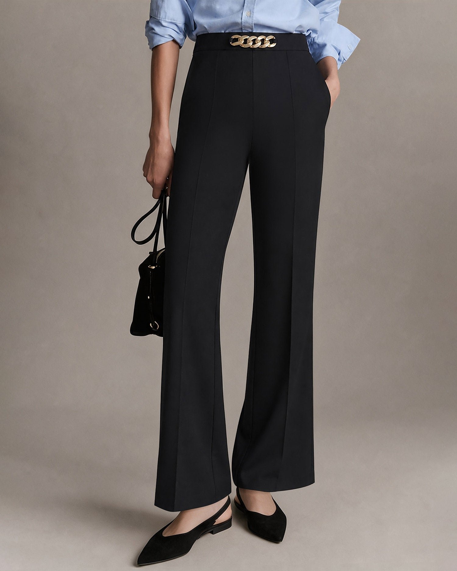 Black Button Pockets Straight Pants