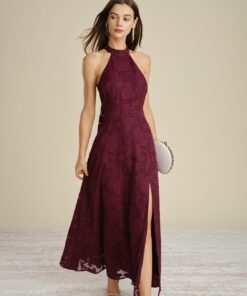 Wine Red Mock Neck Jacquard Maxi Dress