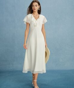 Apricot V Neck Ruffle Chiffon Midi Dress