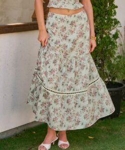 Green Floral A-Line Midi Skirt